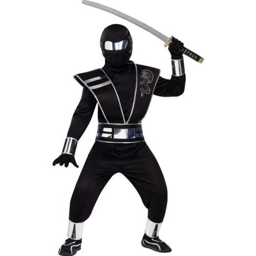 New in Bag Spirit Halloween Silver Mirror Ninja Costume Small 4-6 Silver Dragon